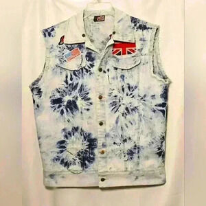 🛑 Hudson Mens Vintage Distressed Blue Denim Tie Dye Wash Biker Vest Large